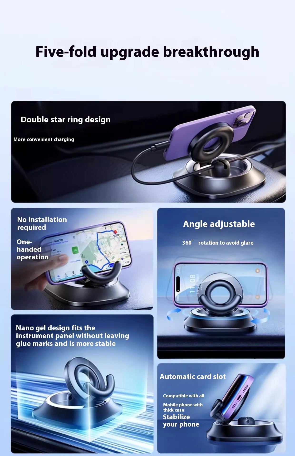 Adjustable C&M treasures magnetic car phone mount holding a smartphone on a vehicle dashboard.